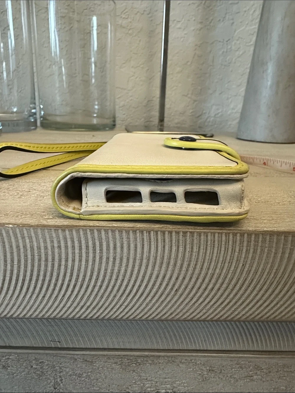 Coach White Leather Phone Case with Yellow Trim and Wristlet